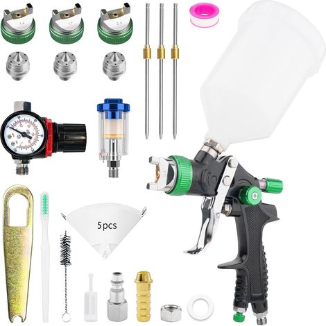 HVLP Pistolet à Peinture Carrosserie Alimentation par Gravité 3 Buses 1,4/1,7/2,5mm Coupelle 600cc par gravité et Jauge de Pression HVLP Meubles de Voiture Pistolet de réparation (Vert) (1/5)