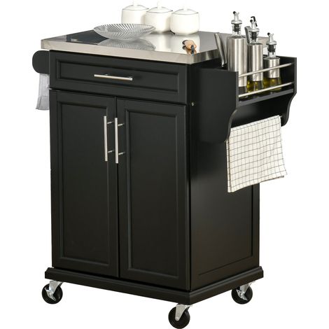 Desserte Cuisine Îlot Central à Roulettes 83,5x45,7x90,5cm, Plateau Inox Étagère Tiroir Porte-Épices Noir