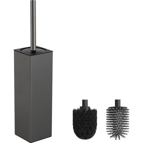Ensemble Brosse WC Carrée - 2 Têtes - Métal Aluminium Gris - Support Autoportant Robuste - Pour Salle de Bain Moderne - Design Compact (1/5)