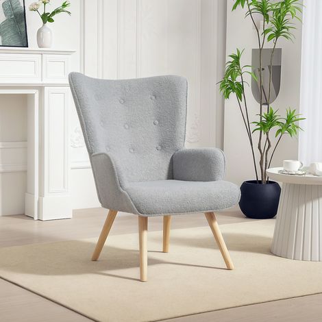 Lounge-Sessel aus Bouclé-Stoff, gesteppter und gepolsterter Sessel mit Holzbeinen, 71 x 74 x 96 cm, hellgrau