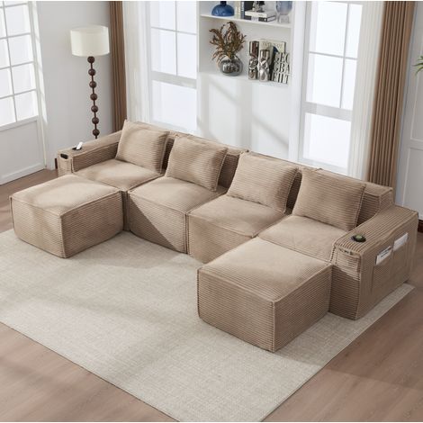 Sofá modular de 4 plazas en pana con 2 pufs, portavasos y bolsillos, topo (1/5)