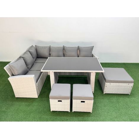 Fimous 9 Seater Wicker Rattan Corner Sofa Sets Outdoor Garden Furniture Sets with Rectangular Dining Table Lounge Sofa 3 Footstools Light Grey (1/5)