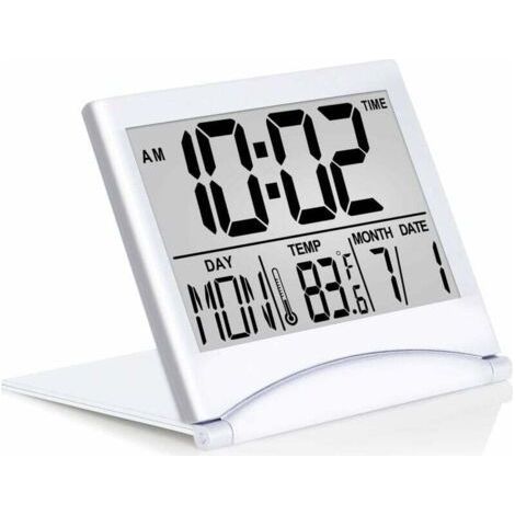 Digital Travel Alarm Clock, Foldable Calendar, Temperature Timer, LCD Clock with Snooze Mode, Compact Large Number Display, Battery Operated (Silver, No Backlight) (1/5)