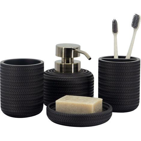 Lot de 4 Accessoires de Salle de Bain Noirs avec Distributeur de Savon, Porte-Brosse à Dents, gobelet de Salle de Bain et Porte-Savon, Organiseur décoratif pour Plan de Travail (1/5)