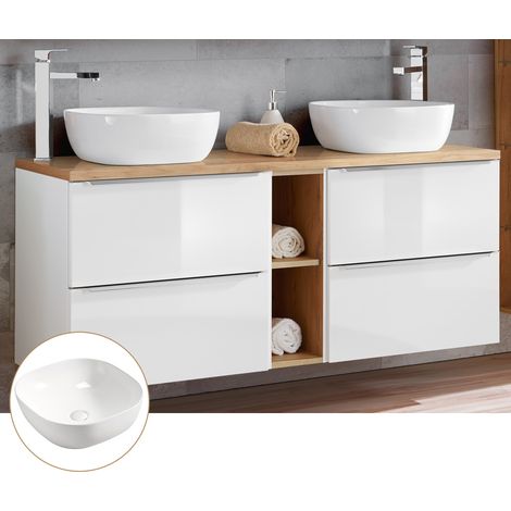 Doppelwaschtisch-Unterschrank 140cm mit 2 Keramikbecken TOSKANA-56 in Hochglanz weiß mit Wotaneiche, B/H/T ca.: 141/74,5/46 cm (1/5)