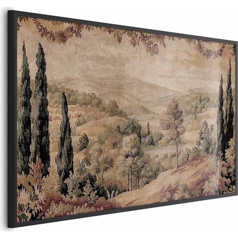 Poster – Mediterrane Landschaft – alter Wandteppich mit Hügel und See (1/4)