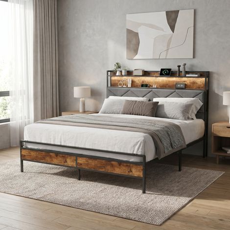 Letto matrimoniale 140x200 cm nero, 2 posti, stile industriale, testiera in tessuto grigio con ripiani, LED e porta USB, contenitore, rete a doghe, struttura letto in metallo