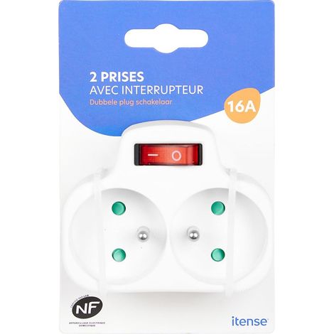 Multiprise électrique, Prise Multiple - Fiche biplite - 2 Prises - Intensité du Courant: 2 x 16A - avec Interrupteur - Multiprise électrique Murale - Couleur: Blanc - Tension: 230V (1/4)