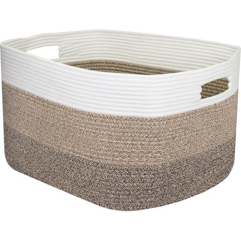 Panier à linge XXL en coton, Panier de rangement rectangulaire avec poignées de transport 55 x 43 x 30 cm Blanc/Marron (1/5)