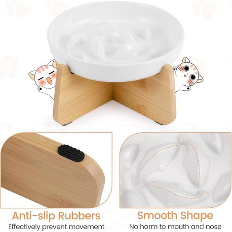 White Ceramic Anti-glutton Cat Bowl with Bamboo Base, BPA-Free Comfort Raised Feeder