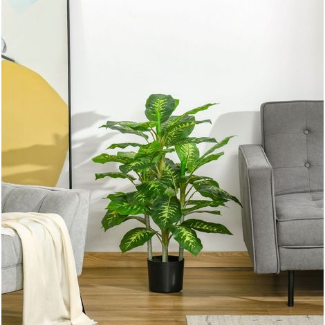 Pianta artificiale Dieffenbachia 95 cm, foglie verdi e gialle, vaso in cemento nero, plastica verde (1/5)