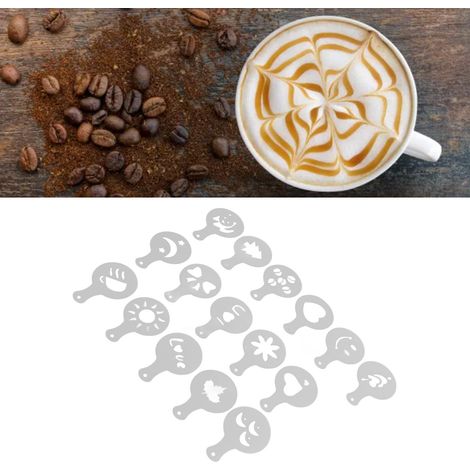[Pochoirs Café] - Kit 16 Pièces Multifonction pour Desserts et Cappuccino DIY - PP, 8.5cm (1/5)