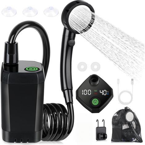 Douche Portable Électrique 6000mAh, Pomme de Douche Sans Fil Rechargeable pour Camping, Chantier, Dortoir et Usage Domestique, Noir (1/5)