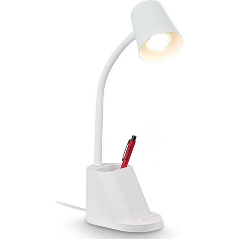 Lampe de bureau avec porte-stylo, interrupteur à câble, orientable, lampe de chevet, lampe de table, bureau à domicile, lampe de bureau, 21 x 10 x 35,5 cm (L x l x H), blanche (1/5)