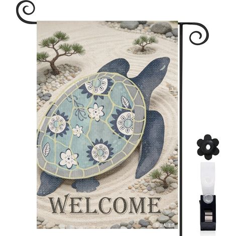Drapeau vertical tortue et cadre vintage 30 x 45 cm décoration cour et extérieur (1/5)