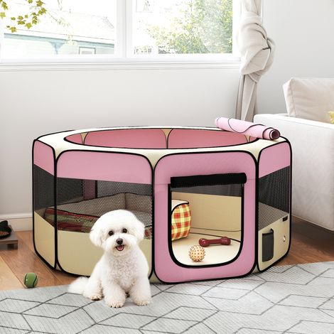 Parque Plegable para Perros y Gatos Corralito Portátil para Animales Pequeños Impermeable de Tela Oxford Ø120x58cm Rosa (1/5)