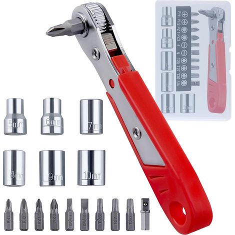 Lot de 17 tournevis à angle droit, tournevis offset à 90 degrés pour les espaces restreints, jeu de mini clés à cliquet 36 dents avec embouts Pozidriv/fente/Torx de 6,35 mm (1/5)