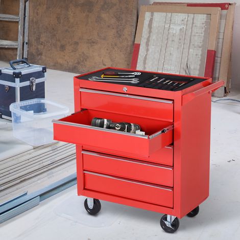 DURHAND Caja Taller Carro de Herramientas con Ruedas Cerradura tipo Mueble de Almacenamiento para Taller Garaje y Hogar Chapa de Acero 69x33x75 cm Rojo (1/5)
