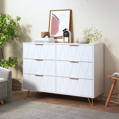 Commode Chambre 6 Tiroirs, Meuble de Rangement, Chambre/Salon 100 x 34 x 58cm, Meuble Tiroir Rangement, Scandinave, Pieds dorés, Blanc (1/5)