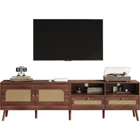 Meuble TV 200x37x49,5 cm Pour TV 80 pouces, 2 Portes Rattan, 2 Tiroirs, Lowboard Moderne (1/5)