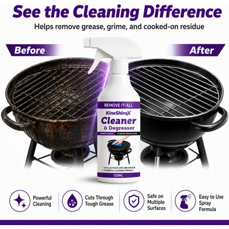 KineShineX Grill Grill Powerful Degreaser Cleaner entfernt mühelos hartnäckige eingebrannte Flecken, ohne die Oberfläche zu beschädigen, und macht die Reinigung somit sorgenfrei. (1/5)