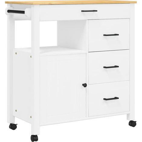 Desserte de cuisine en Pin massif Kitcha 84cm - 1 porte et 4 tiroirs-Blanc (1/5)