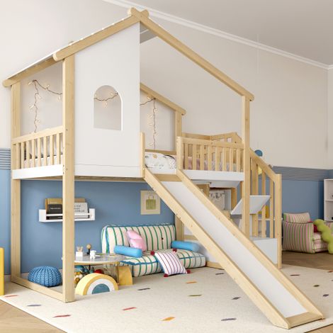 Lit mezzanine 90x200 cm, lit cabane avec barrière, échelle de rangement et toboggan, en bois, naturel et blanc, sans matelas (1/5)