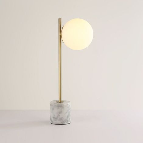 Lampe de table avec base en marbre et globe opalin, E27, dorée
