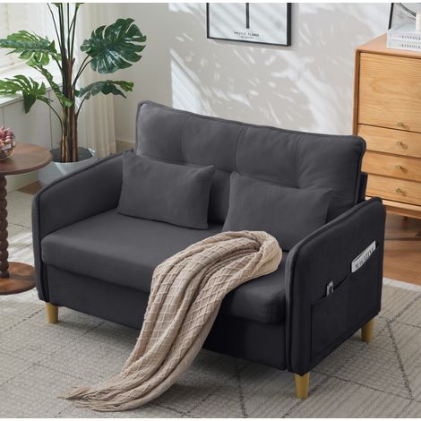 Canapé 2 places 127 cm gris foncé en chenille avec poches latérales et coussins inclus (1/5)