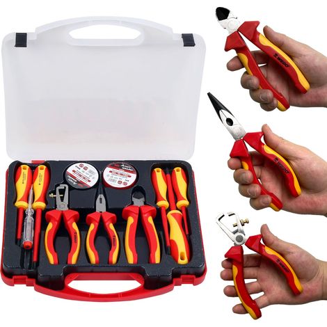 Jeu de 11pcs VDE Tournevis et Pinces outils électricien isolé 1000V,Petite Pince Coupante 6",Pince à dénuder 6",Pince à bec 6",fente, Tournevis cruciforme,testeur de tension (1/5)