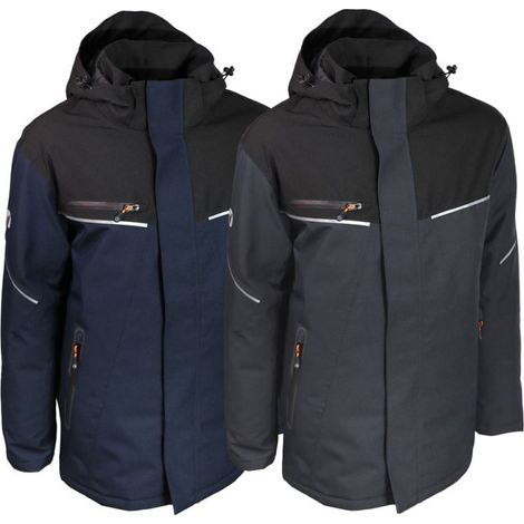 Parka de Travail Noire Polyester Oxford 300D - Matelassee 160g/m2 - Impermeable - Bandes Reflechissantes - EPI BTP TM