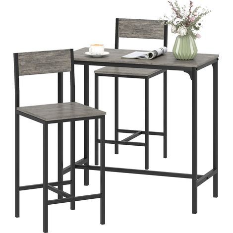 Ensemble table bar tabourets table à manger debout 2 chaises bar repose-pieds dossiers, gris (1/5)