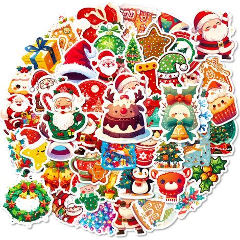 100 autocollants de Noël à motifs : bonnets de Père Noël et rennes – Autocollants décoratifs à faire soi-même pour cahiers, réfrigérateurs, valises – Cadeaux de Noël imperméables (1/4)