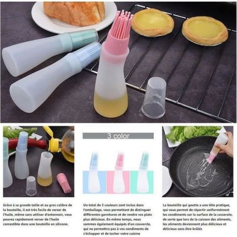 Pinceau Cuisine,Bouteille d'huile,Distributeur d'huile d'olive,Pinceau d'huile,Pinceau à pâtisserie en Silicone,Brosse à Huile(3PC (1/4)