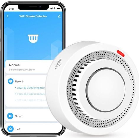 Détecteur de fumée intelligent Wi-Fi, alarme incendie, alarme de fumée sans fil domestique avec notification par application (batterie non incluse)