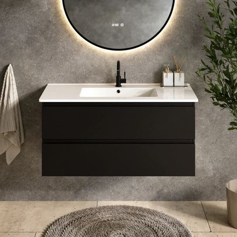 Badezimmermöbel Varo – 100 cm – Schwarz - Weißes Waschbecken – (1/5)
