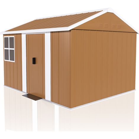 Abri de jardin en métal 3 x 2,3 m, 7,2 m², portes coulissantes verrouillables, ventilation, sans sol, toit à deux pentes, brun, pour outils et vélos  CHICFURN (1/5)