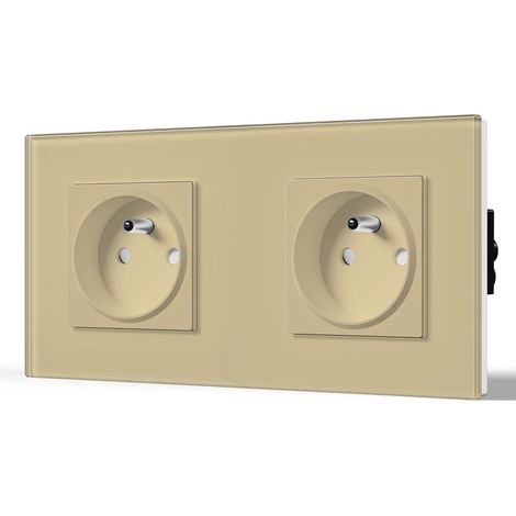 Prise Murale Prises de courant Alternatif 2 Gang Cadre en Verre Trempé Norme Française 16 Amp 240V 157mm Or (1/5)