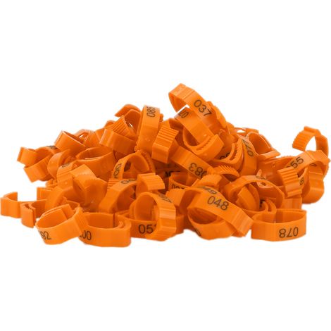 100 anneaux d'identification numérotés pour pattes de volaille (poulets, canards, oiseaux), couleur orange. (1/5)