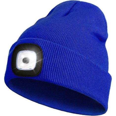 Bonnet LED avec lumière - Bleu vif, rechargeable par USB, mains libres, 4 LED, lampe frontale, bonnet tricoté d'hiver, cadeau pour femmes et hommes (1/5)