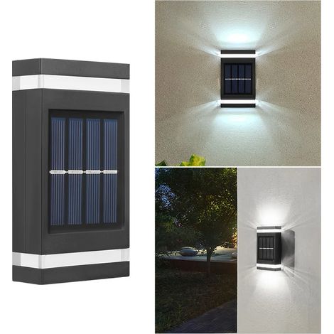 (Lumière blanche, 1 pièce) Applique murale solaire extérieure à 6 LED, étanche, éclairage vers le haut et vers le bas, compatible avec terrasse, jardin, clôture, extérieur de villa. (1/5)
