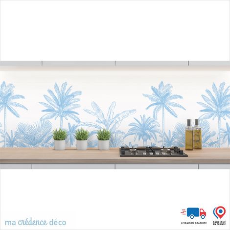 Crédence : Dessin Jungle et palmiers - Couleur Bleu Pastel - Alu composite - 120 - 60 (1/3)