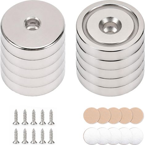 10 Pieces Aimants Néodyme Rond à Trou, Force Magnétique Élevée avec Manchon en Acier et Feuilles d’Acier Autocollantes, pour Réfrigérateur, Tableau Magnétique, Atelier Domestique (1/5)