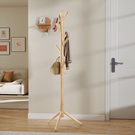 Porte-manteau sur Pieds, Forme d’Arbre, en Bois, 8 Crochets, 3 Hauteurs Réglables, pour Vêtements, Chapeaux, Sacs, Entrée, Chambre, Couleur Boisée (1/5)