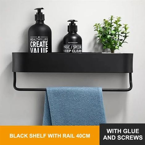 Étagère de salle de bain nordique (40 cm, noire avec barre) - Fixation murale sans perçage - Porte-serviettes de bain - Panier de rangement noir pour douche - Accessoires de salle de bain (1/5)