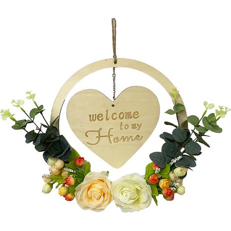 Panneau de Bienvenue en Bois pour Porte d'Entrée avec Cœur et Guirlande, Décoration Saint-Valentin pour Mur et Porte