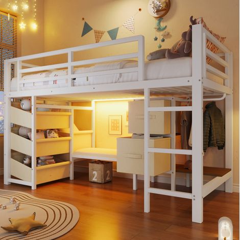 Halbhohes Bett Metall Weiß 90x200 cm mit LED-Beleuchtung, Sitzkissen und Stauraum (1/5)