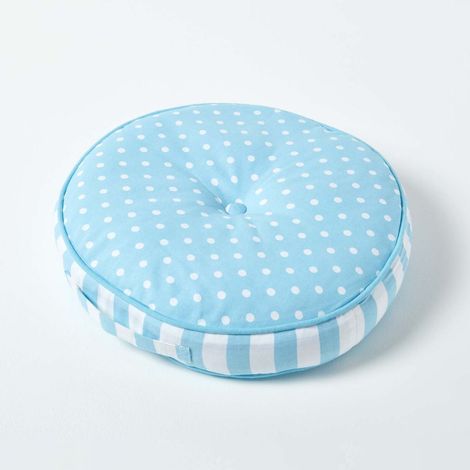 HOMESCAPES Kinder Bodenkissen rund 100% Baumwolle mit Polyester Füllung blau Tupfen Ø 43 cm