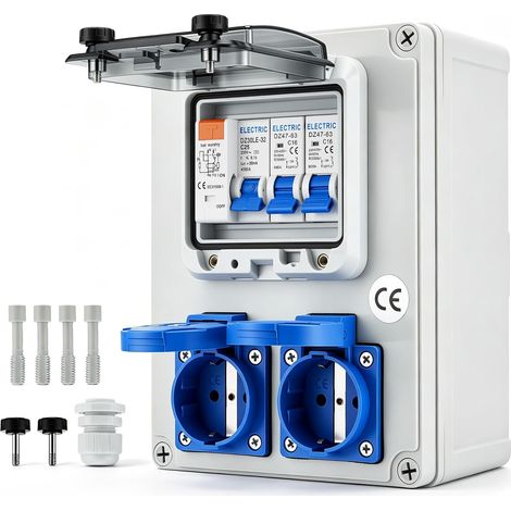 Répartiteur Mural IP67 Chantier FI 25A LS C16A 2 Prises Schuko 230V Protection FI 25A LS C16A, boîtier IP67 étanche avec 2 prises Schuko 230V pour chantier atelier (1/5)