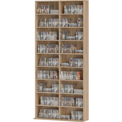 9-stufiges DVD-Regal mit 18 Fächern und 14 verstellbaren Einlegeböden, Kapazität für 640 CDs, 360 DVDs oder 430 Blu-rays, Naturholz